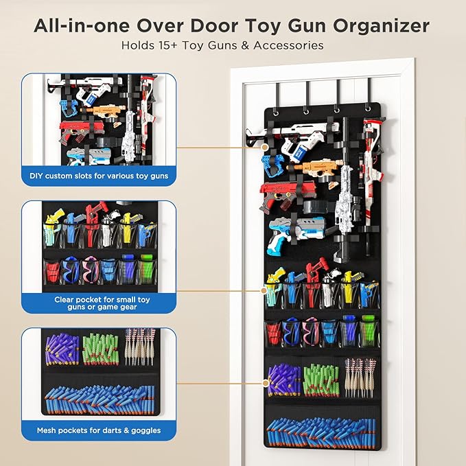 Over the Door Organizer for Toy Guns, Toys Storage Door Hanger with Pockets and Slots for Kids Foam Blasters, Darts, Goggles, Over Door Toy Guns Storage Organizer, for Kids Rooms, Game Rooms, Black