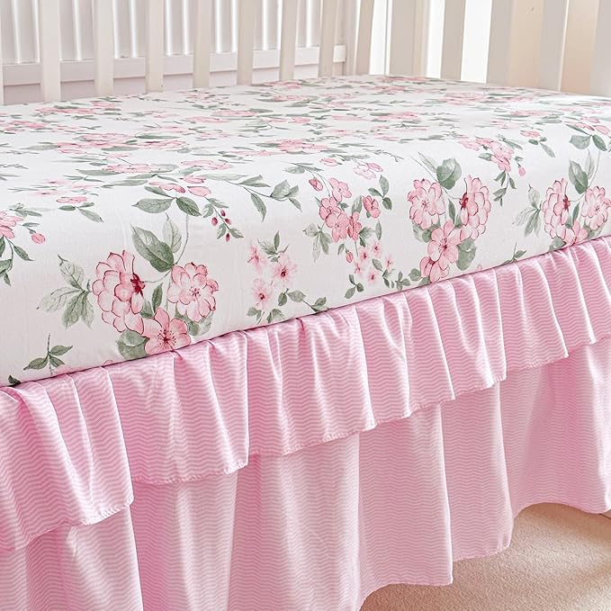 3 Pieces Pink Rose Flowers Crib Bedding Set Baby Ruffled Quilted Comforter with Fitted Sheet and Bed Skirt - Cute Ruffled Shabby Chic Baby Girls Bedding Soft Blanket Floral Design