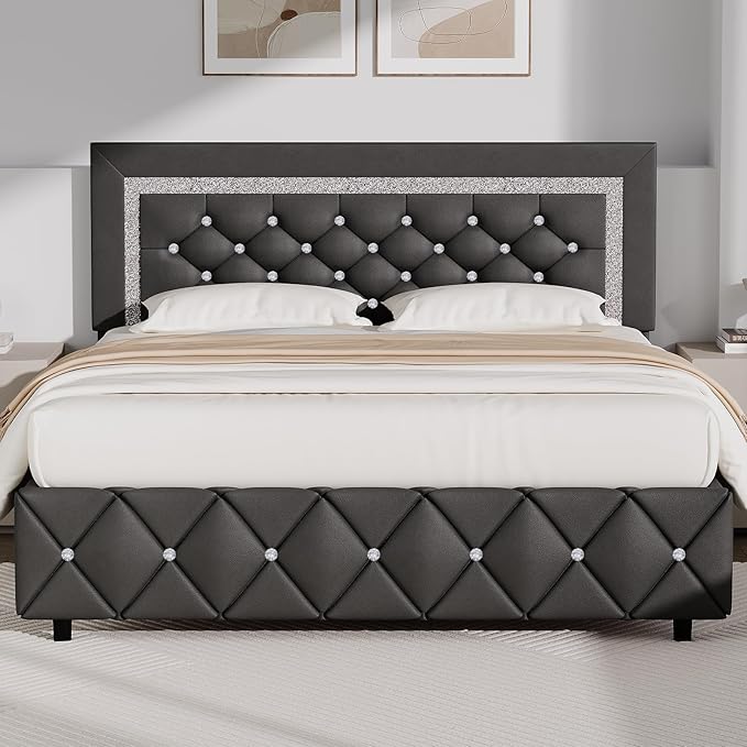 BarnFurin Full Bed Frame with Diamond Tufted Headboard, Faux Leather Upholstered Bed with Wooden Slats Support, No Box Spring Needed, Mattress Foundation, Easy Assembly, Gray