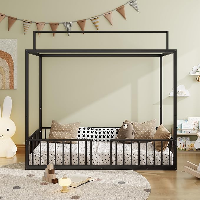 Harper & Bright Designs Twin Floor Bed Frame with Canopy and Guardrails, Metal Montessori Floor Bed with High Fence, Canopy Bed for Kids with Sturdy Metal Slats Support, Easy Assembly,Black