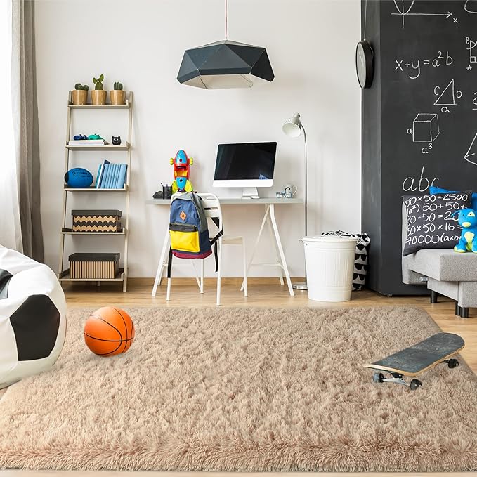 Merelax Modern Soft Fluffy Large Shaggy Rug for Bedroom Livingroom Dorm Kids Room Indoor Home Decorative, Non-Slip Plush Furry Fur Area Rugs Comfy Nursery Accent Floor Carpet 4'x6' Light Tan