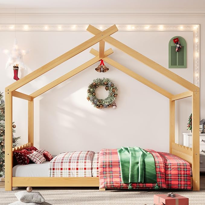Queen Size Wooden House Floor Bed - Kids Bed Frame with Roof & Support Slats for Bedroom, No Box Spring Needed, Easy Assembly (Natural)