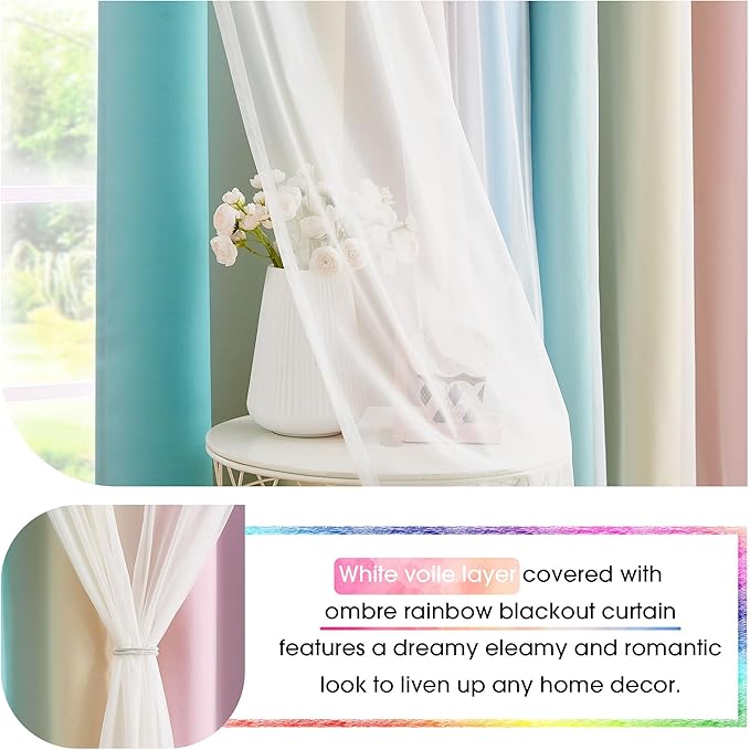 100% Blackout Curtains with Sheer Overlay Mix and Match Double Layer Drapes 72 Inch Length 2 Panels for Room Bedroom Room Ombre Rainbow Grommet Window Treatment with Tiebacks