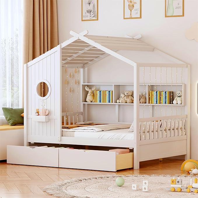 Modern Full Size House Bed with Roof and Window, Wooden Daybed Frame with Shelves and 2 Drawers,Bedroom Furniture for Girls & Boys (White+2 Drawers*)