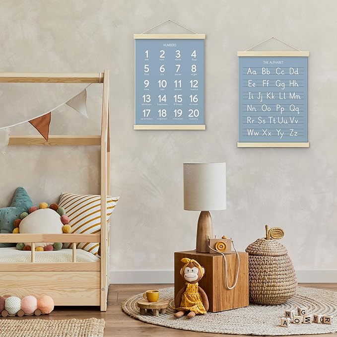 BONETAT Numbers alphabet poster for Nursery Toddlers, Play Room Wall Decor,ABC Wall Chart, Wall Hanging Decor for Toddler Playroom Decor Kids Wall Decor, Wooden Frame Alphabet Banner-A07