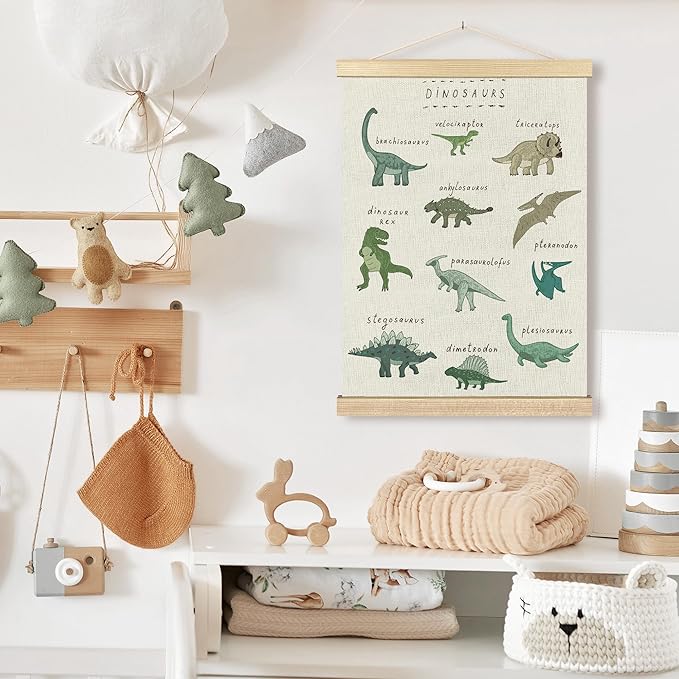 BCUANGD Dinosaur Dino Wall Decor - Baby Toddler Boys Room Wall Art Poster Hanger with Wood Frames, Inspirational Wall Hanging Canvas Decor for Kids Room Nursery Bedroom, 12x16 Inches