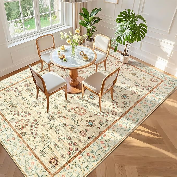 6x9 Rugs for Living Room, Beige Washable Floral Area Rug for Bedroom, Soft Non Slip Indoor Low Pile Carpet for Kitchen Dining Room, Large Boho Throw Carpets for Kids Nursery Office Dorm Home Decor