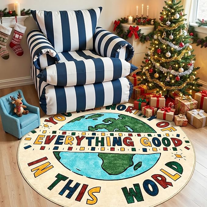 jinchan 5ft Round Rug Washable Fun Rug You are Worthy Playroom Mat Non Slip Cheerful Circle Cool Floor Cover Soft Cozy Low-Profile Emotional Support Throw Carpet for Kids Gift Teens Entryway Bedroom