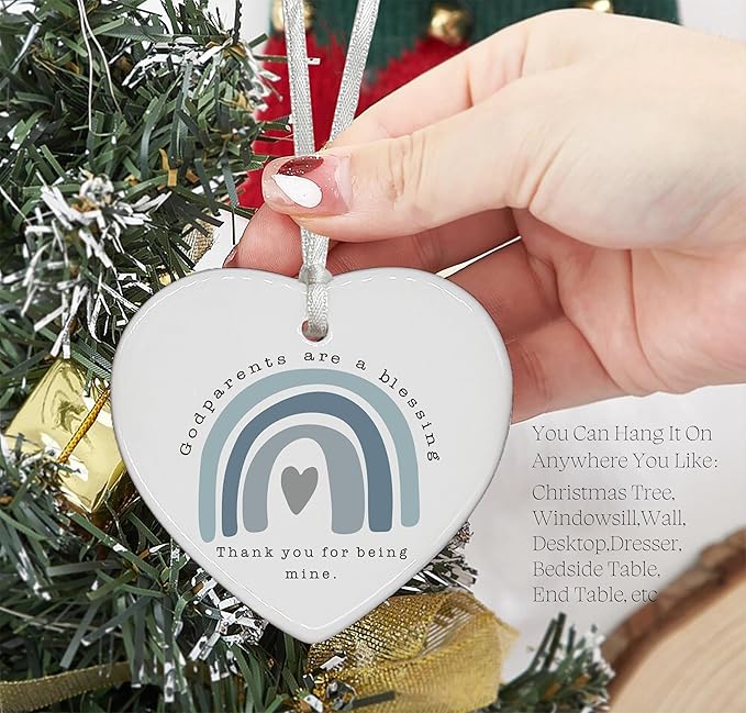 Heart Shaped Christmas Ornament-New Godparents Gift-First Time Godmother Godfather Proposal Pregnancy Announcement Christening Baptism Present-Family Keepsake