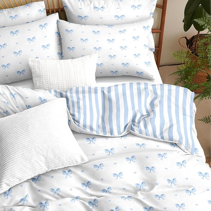 Bow Duvet Cover Queen Size Blue Striped On White Bedding Set 3 Pieces Cute Heart Printed Stripe Reversible Princess Style Soft Breathable Microfiber Duvet Cover Set with Zipper Closure