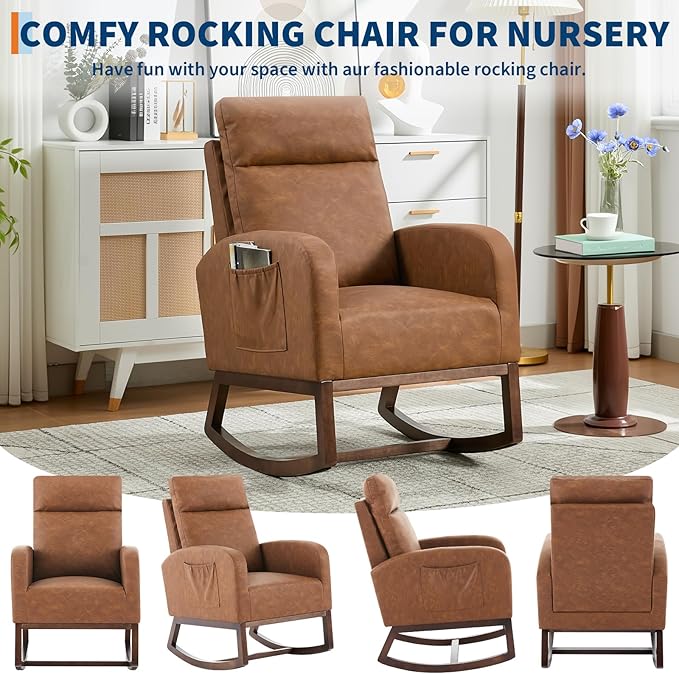 Rocking Chair Nursery, Modern Upholstered Glider Rocker with Side Pocket, Upholstered Lounge Chair with Solid Wood Base for Relaxin, for Living Room, Bedroom