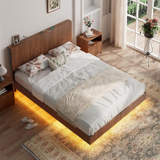 Evermagin Walnut Queen Floating Bed Frame with Headboard, Mid Century Modern Fluted Platform Bed with LED Lights, Heavy Duty Floating Bedframe with Charging Station, No Box Spring Needed
