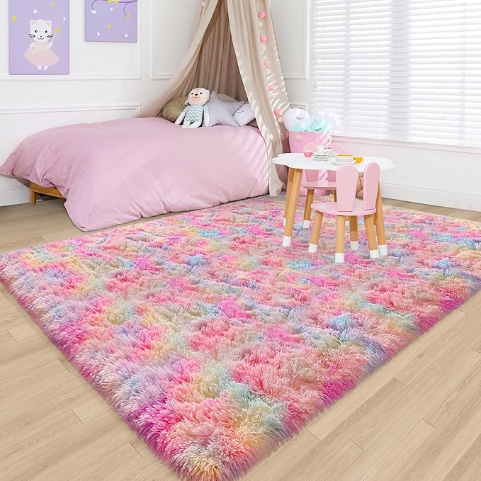 Cute Unicorn Rug for Girls Bedroom, 6x9 Plush Fluffy Princess Rainbow Area Rug for Girls Room Soft Big Shag Carpet for Living Room Baby Toddler Kids Room Colorful Kawaii Room Decor