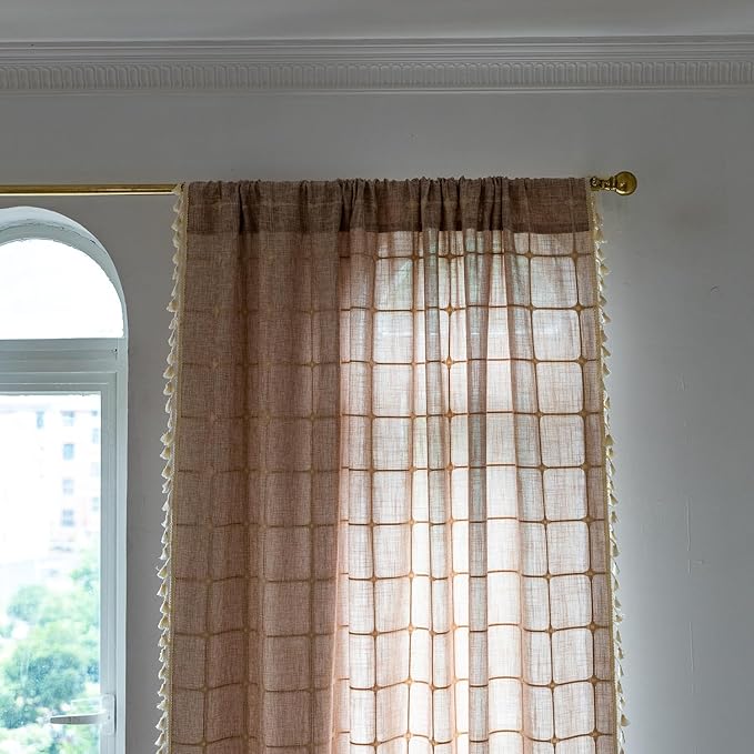 Deeprove Boho Curtains 96 Inches Long for Bedroom, Cotton Linen Light Brown Plaids Embroidery Semi Blackout Bohemian Aesthetic Window Treatment Grids Drape Tassels, 1 Panel W52 x L96 Tan