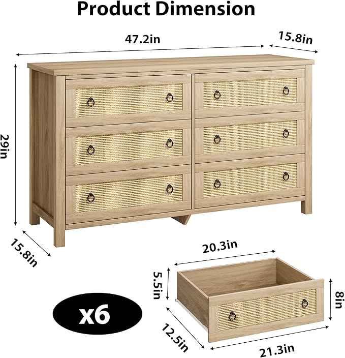 IDEALHOUSE Rattan Dresser for Bedroom with 6 Drawers, 47'' Wide Chest of Large Drawers with Large Clothes Storage Cabinet, Wood Bedroom Dresser, TV Stand for Nursery, Living Room, Hallway