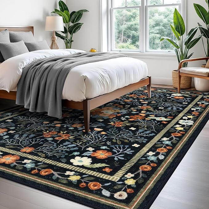 Area Rugs for Living Room 6x9, Washable Non-Slip Thin Floral Vintage Boho Rug for Bedroom Dining Room Office, Non-Slip Rug for Kitchen Indoor Lightweight Carpet, Black/Multi