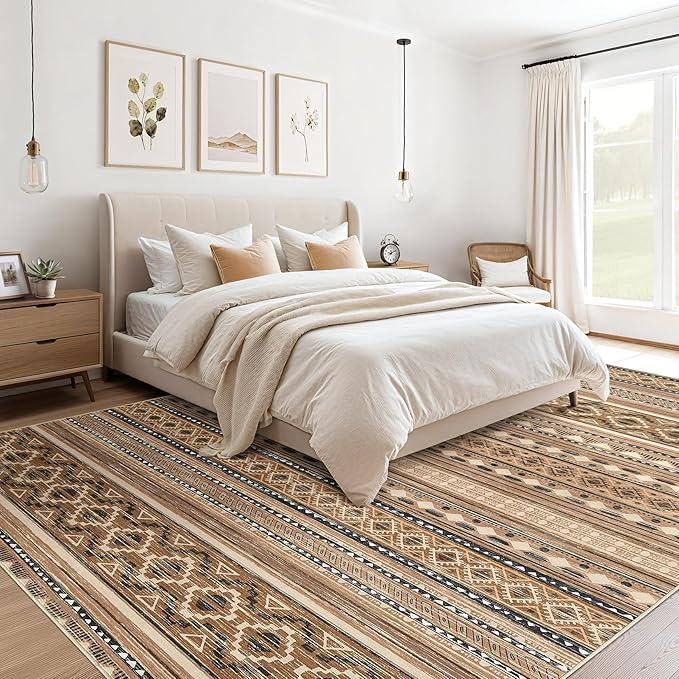 Area Rugs for Living Room Washable Living Room Rug Soft Neutral Indoor Floor Carpet Non-Slip Stain Resistant Modern Boho Rugs for Bedroom Dining Room Kids Room Nursery Office Home Brown/Beige