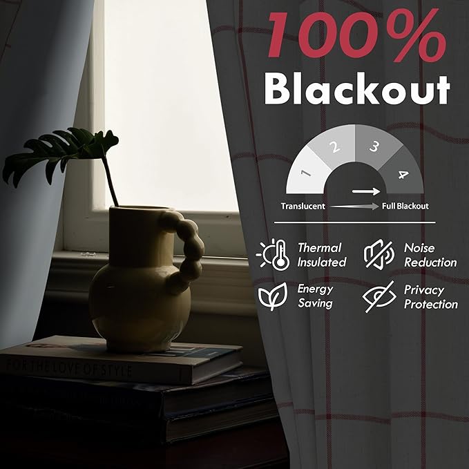 DriftAway 2 Panels 100% Blackout Windowpane Plaid Linen Curtains Double Layer Drapes for Bedroom 72 Inches Long Farmhouse Thermal Insulated 3.25 Inch Rod Pocket Back Tab for Living Room Red