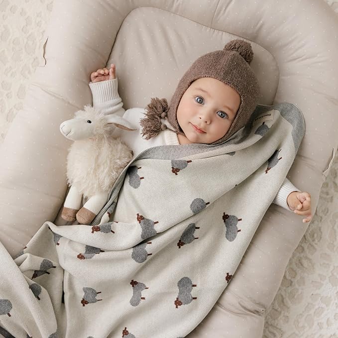 Luxury Cotton Knit Swaddle Baby Blanket - Soft Cozy Lightweight Unisex Receiving Swaddler Stroller Quilt Blanket for Shower Gift Registry for Newborns Infants Toddlers (Sheep - Ivory)