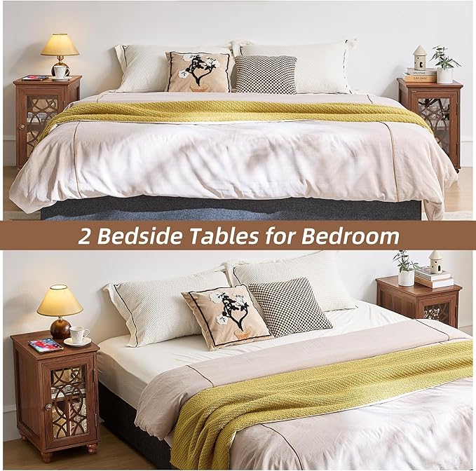 Narrow Side Table with Glass Door, 18 x 14'' Night Stand with Adjustable Shelf Storage Cabinet Organizer, Bedside End Tables Wood Nightstand for Small Spaces Living Room Bedroom