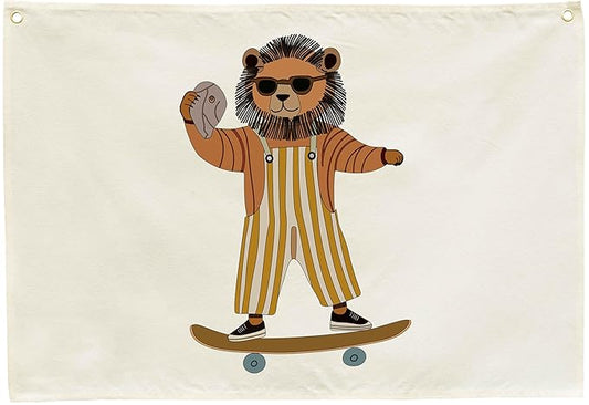 Lion Skateboarding Nursery Rectangular Canvas Banner-Flag Wall Sign Decor for Toddler Boys Kids,Baby Room Above Crib Playroom Reading Room Bedroom Dorm Decor-Baby Shower Birthday Christmas Gift