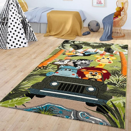 Paco Home Kids Rug for Nursery with Jungle Animals on Safari in Green, Size: 3'11" x 5'7"