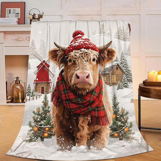 Highland Cow Blanket Christmas Cattle Throw Blanket Winter Snow Soft Cozy Fleece Fuzzy Stuffed Plush Farm Animal Flannel Gifts for Girls Women Boys Kids Adults 40''x50''