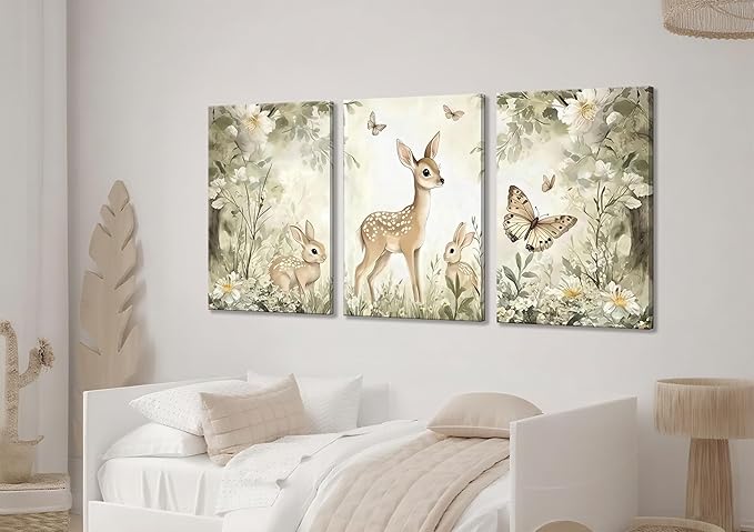 3Pcs Woodland Animal Nursery Canvas Wall Art Cute Forest Animal Wall Decor Pictures Deer and Butterfly Wildflowers Posters Prints for Nursery Bedroom Kids Room Home Decoration Prepare to Hang 12X16in