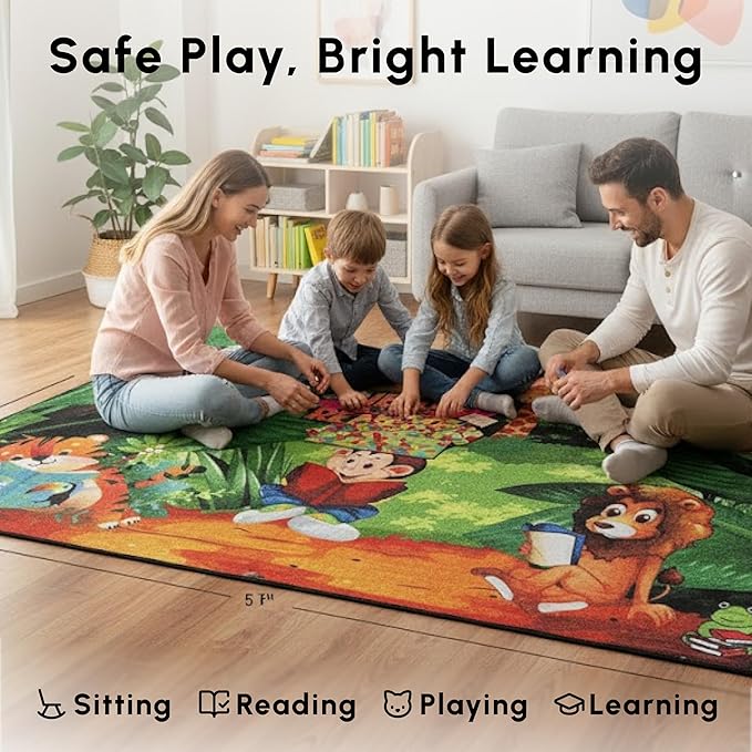 SAFECASTLE Kids Carpet Never Stop Reading Rug – 6'6" x 8'4" Educational Multicolored Nylon Area Rug with Books & Learning Design – Carpet for Kids, Toddlers, Classroom, Nursery, Playroom & Daycare