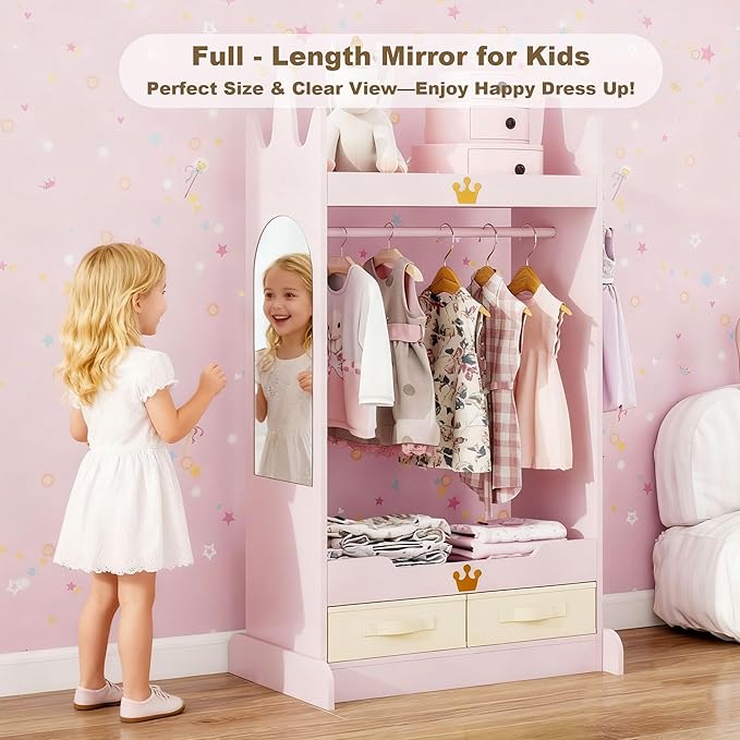 Kids Dress Up Storage with Mirror, Kids Open Hanging Armoire & Costume Storage Dresser, Costumes Wardrobe Closet for Bedroom, Nursery, Preschool, Pink