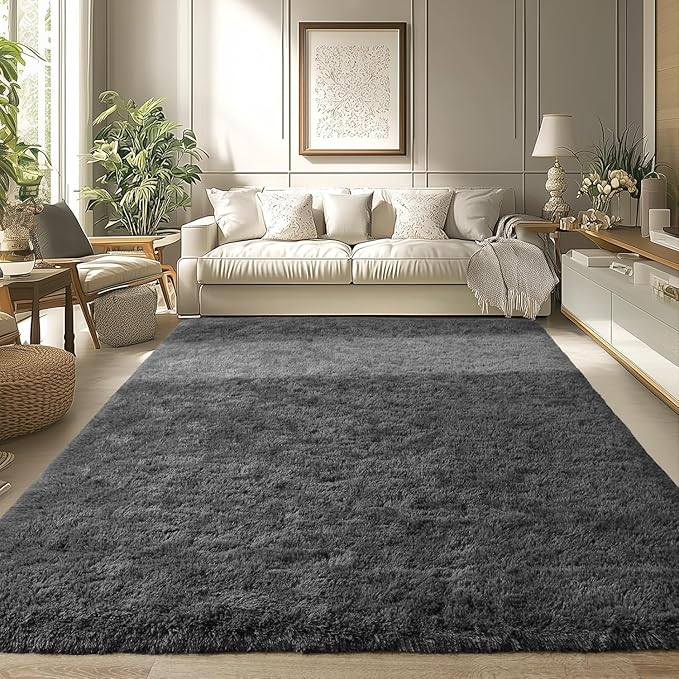 Merelax Modern Soft Fluffy Large Shaggy Rug for Bedroom Livingroom Dorm Kids Room Indoor Home Decorative, Non-Slip Plush Furry Fur Area Rugs Comfy Nursery Accent Floor Carpet 4'x6' Dark Grey