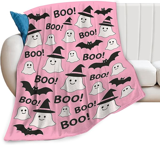 Halloween Pink Throw Blanket Cute Ghost Bat Blanket Soft Cozy Fleece Fuzzy Plush Warm Stuff Bedding Blankets for Women Girls Kids Adult Men 40"x50"