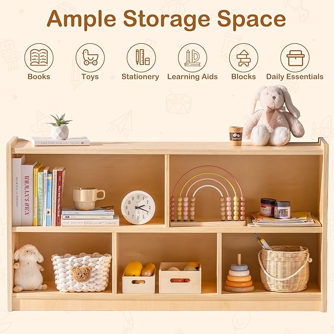 ROBUD Wooden Toy Storage Organizer, 5-Compartment Montessori Shelf with Anti-tip Kit, Wooden Storage Cabinet for Kids Room, Bedroom, Playroom, Nursery, Preschool, 44.9" x 23.6" x 11.8"