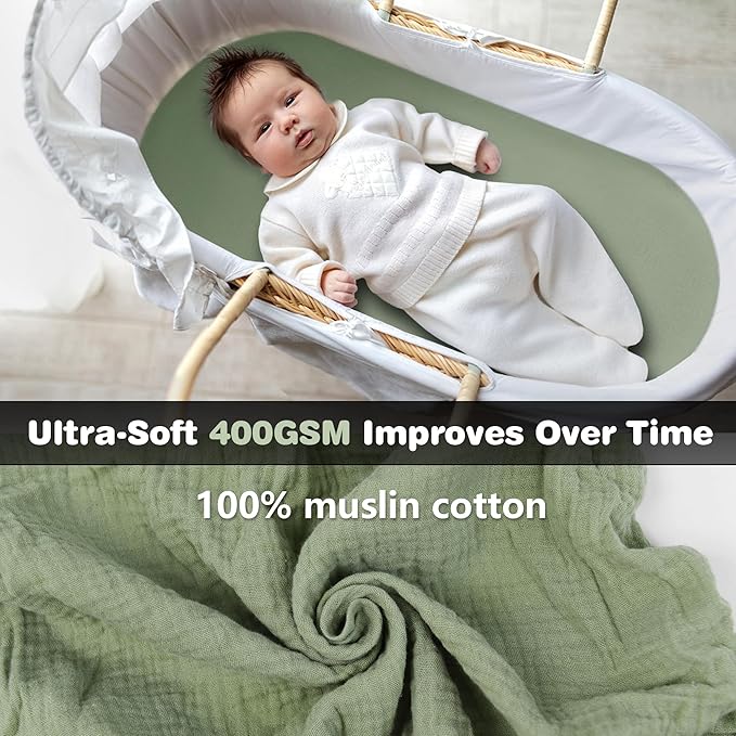 3-Pack Cotton Muslin Bassinet Sheets - Fitted Elastic Mattress Cover for Baby Boys & Girls, Breathable Bedside Bassinet Sheets Neutral Colors (Fits Oval & Rectangle Shape) (Green)