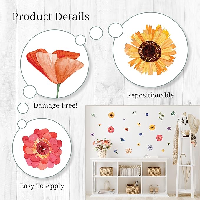 Decalcomania Wildflower Wall Decals - Set of 78 Flower Wall Stickers for Nursery Bedroom Bathroom Classroom Living Room Removable Peel and Stick Indoor Decor
