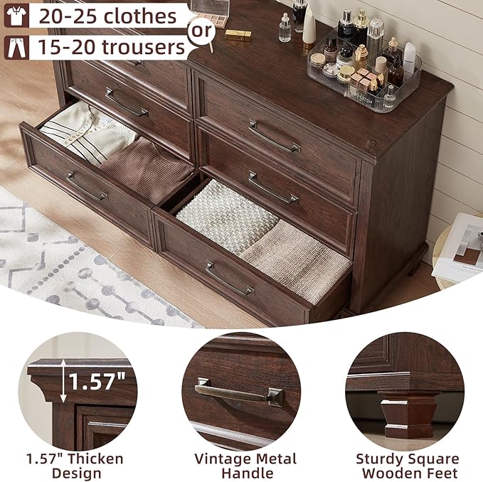 Farmhouse Wood 6 Drawer Dresser Set of 2, 54 inch Wide Large Vintage Chest of Drawers for Bedroom, Rustic Dressers TV Stand with Square Solid Wooden Legs for Living Room, Hallway, Walnut