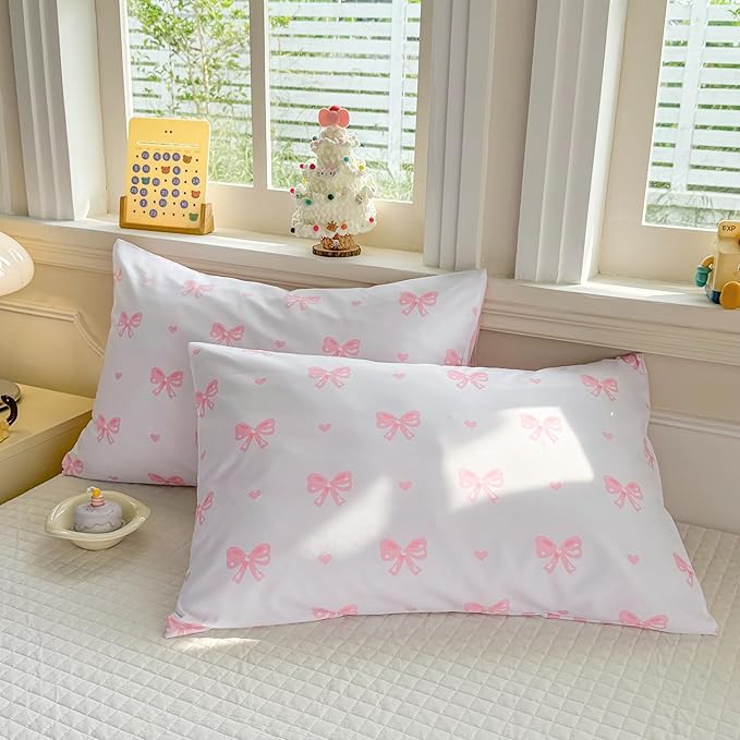Heart Duvet Cover King Size Pink Bow Bedding Set Girls Kawaii Love Heart Printed Comforter Cover 3 Pieces Ultra Soft Washed Microfiber with Zipper Closure
