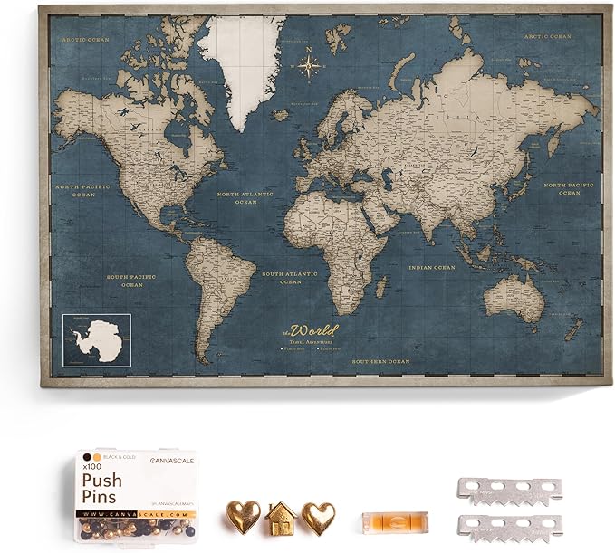 Canvas World Map with Cork Pin Board - English Lettering - Decorative Wall Decoration for All Rooms - Canvas Pictures with World Map Motif (70x50 cm, Pattern 18)