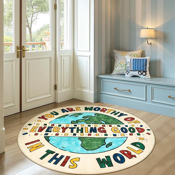 JINCHAN 4ft Round Rug Washable Fun Rug You Are Worthy Playroom Mat Non Slip Cheerful Circle Cool Floor Cover Soft Cozy Low-pile Emotional Support Throw Carpet for Entryway Kids Gift Teens Dorm Bedroom