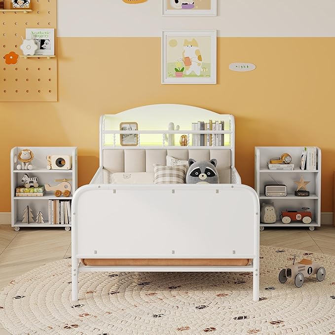 Ball & Cast Twin Size Toddler Bed W/LED Light,Metal Bed W/Storage Headboard & 2 3-Tiers Storage Shelves,Platform Bed Frame W/Safety Guardrails & Low Profile Design,for Boys Girls,White