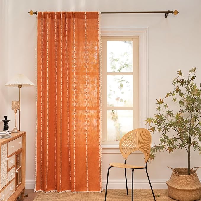 Deeprove Orange Boho Curtain 84 inches Length for Living Room Bedroom, Bohemian 84 inches Long Burnt Terracotta Fall Embroidery Textured Halloween Privacy Window Thanksgiving Decor W52 x L84, 1 Panel