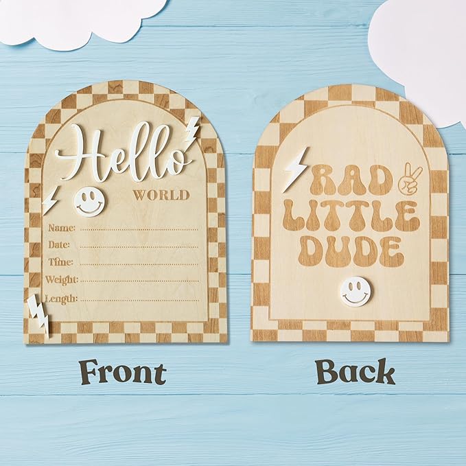 Baby Announcement Sign, Hello World Newborn Sign for Hospital, Rad Little Dude Card, Baby Announcements Ideas, Newborn Photography Props Double-Sided (HW2)