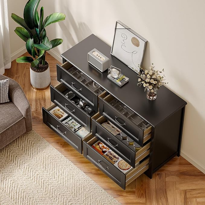 Gizoon 6 Drawer Dresser for Bedroom，47'' Larger Chest of Drawers with Mental Handle for Kids Room, Black Dresser with 6 Storage Drawers for Living Room, Entryway and Hallway, Black
