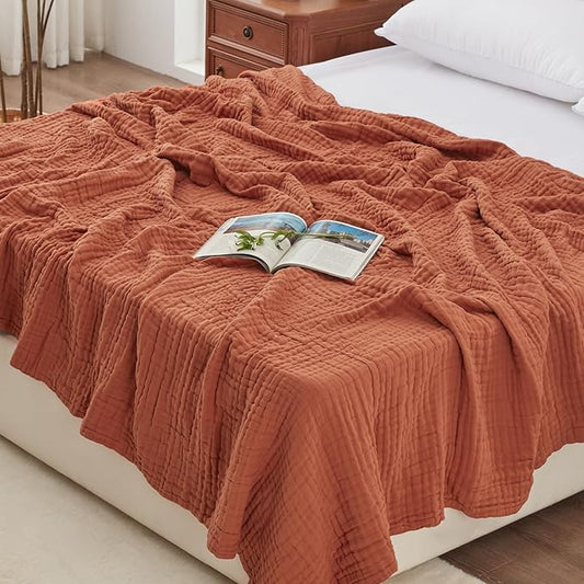 Love's cabin 6 Layer 100% Cotton Muslin Blanket, 108"x90" Muslin King Size Blanket for Bed Couch, Lightweight and Breathable Cotton Gauze for Adult, Orange