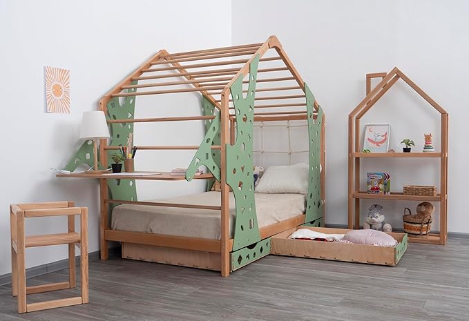 BUSY WOOD Monkey Bed – Twin Frame with Storage & Desk – Montessori Indoor Playground – Jungle Gym Furniture for Kids – Toddler Sleeping Frame with Drawers & Removable Table