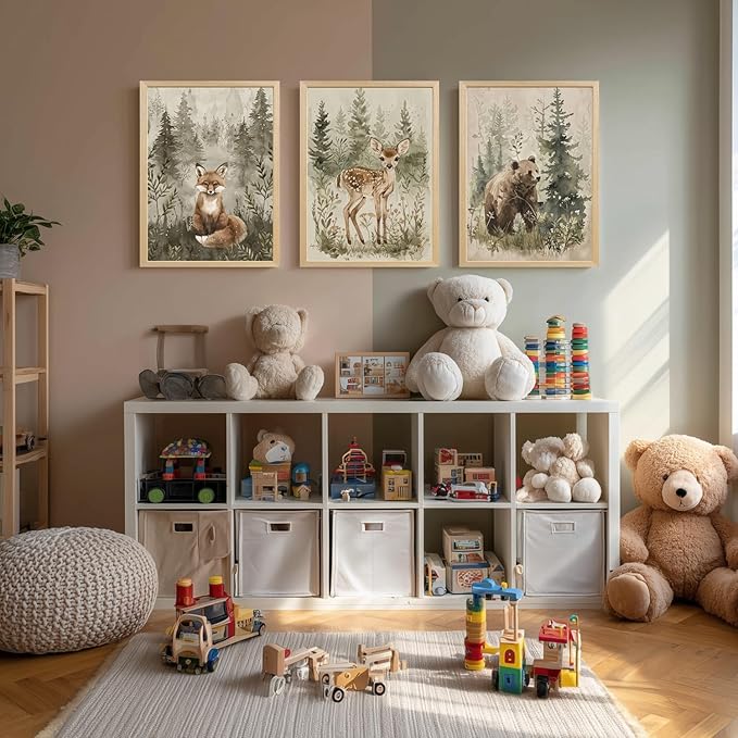 kilamino Wood Framed Woodland Animal Nursery Wall Art, Cute Fox Bear Deer Wall Decor, Neutral Wildlife Animal Art Prints, Funny Nature Forest Animal Canvas Paintings for Baby Room Playroom 12"x16"x3
