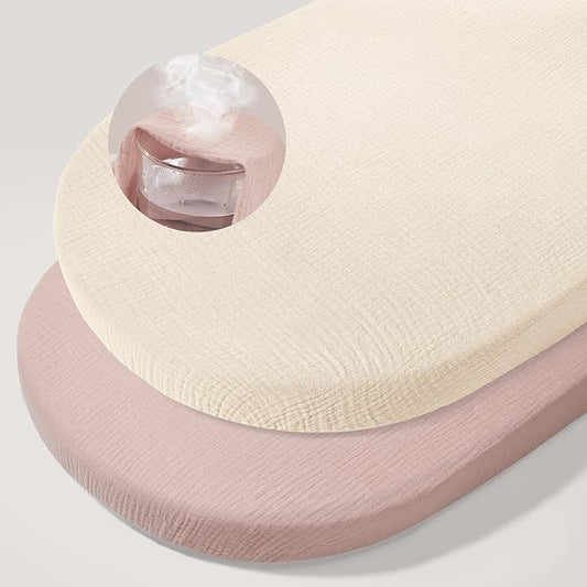 Basumee Muslin Bassinet Sheets for Baby Girl Boy 2 Pack Soft Breathable Baby Bedside Bassinet Fitted Sheets with Bottom Elastic Band 33''x17''x4'' Mattress Cover for Rectangle Oval Hourglass Bassinets