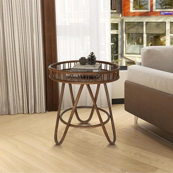 FINECASA Rattan Side Table with Wicker Tray Top 20x23'', Boho Hand-Woven End Table, Small Round End Table with Hairpin Legs, Coffee Table Set for Living Room, Bedroom (Brown)