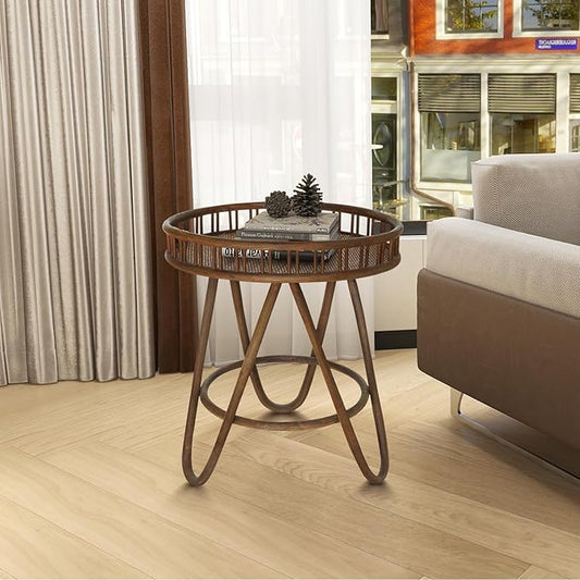 FINECASA Rattan Side Table with Wicker Tray Top 20x23'', Boho Hand-Woven End Table, Small Round End Table with Hairpin Legs, Coffee Table Set for Living Room, Bedroom (Brown)