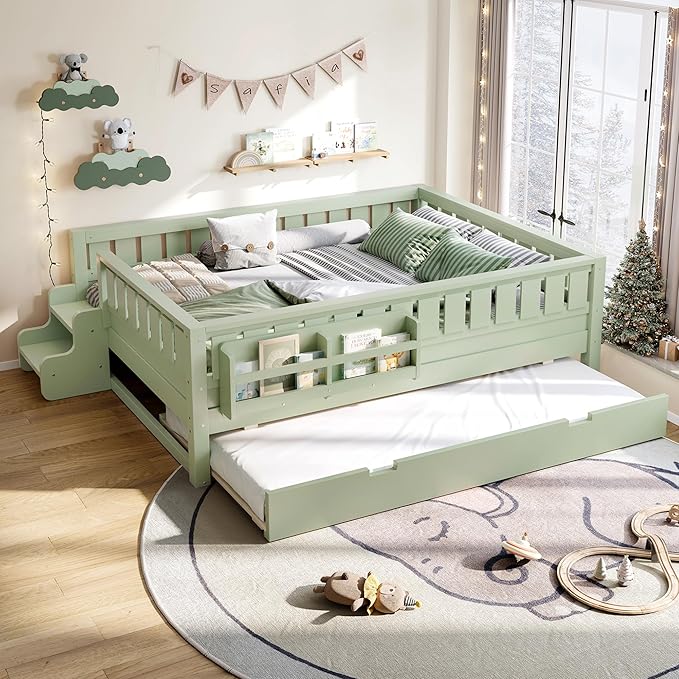 Bellemave Full Bed with Trundle and Stairs, Full Size Platform Bed Frame with Fence and Bookshelf, Easy Assemble Beds for Kids, Girls, Boys, Green